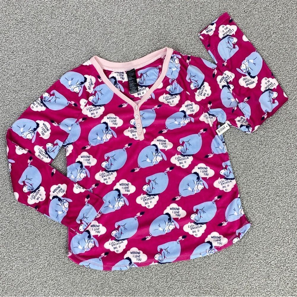 Disney‎ Eeyore Velour Lounge Sleep Shirt Pink Medium Long Sleeve Pullover - Picture 11 of 11